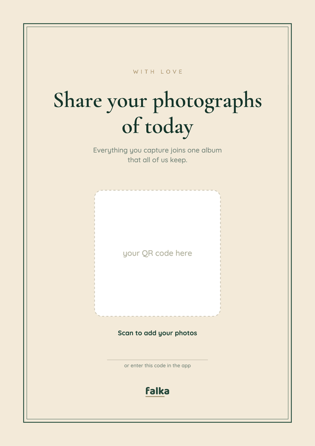 Classic serif printable wedding sign reading Share your photographs of today, inside a thin double border.