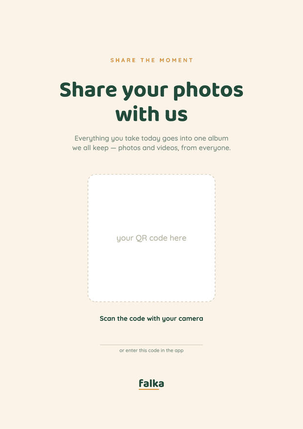 Minimal printable wedding sign reading Share your photos with us, with a blank square for a QR code.